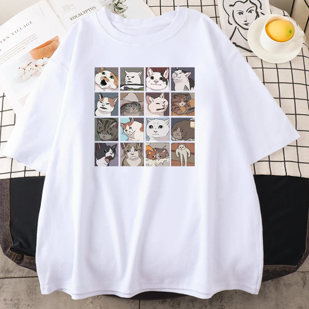 Breathable Cotton Cat Puzzle Print T-Shirt